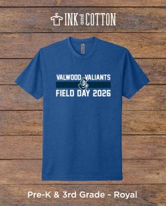 Valwood Field Day T-Shirt 2026; Pre-K & 3rd grade; Royal color